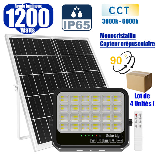 Lot de 4x Projecteurs LED solaires  Série AJUST V3 - CCT (Couleur Changeante en Température ) - Rendu lumineux 1200 Watts - 6300 Lumens - 90° - IP65 - Projecteur 35 x 26 x 5 cm - Panneau MONOCRISTALLIN - Avec télécommande - Avec capteur crépusculaire