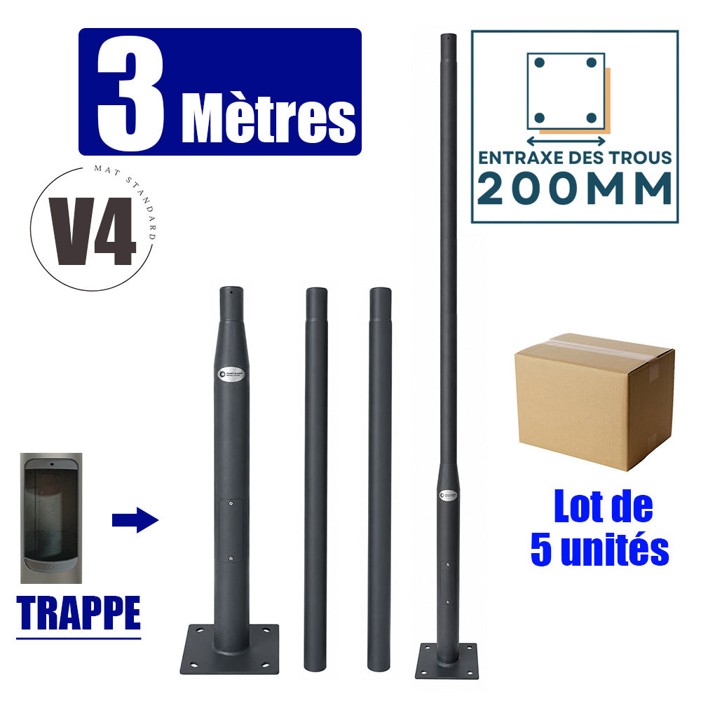 Lot de 5x Mâts / Poteaux pour lampe de rue - Nouveau design - Série STANDARD V4 EVO avec TRAPPE - Vis antivol - 3 mètres - Entraxe latéral des trous 200mm - Couleur Gris foncé - RAL 7016 - Finition épurée