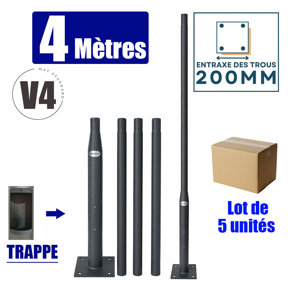 Lot de 5x Mâts / Poteaux pour lampe de rue - Nouveau design - Série STANDARD V4 EVO avec TRAPPE - Vis antivol - 4 mètres - Entraxe latéral des trous 200mm -  Couleur Gris foncé - Finition épurée