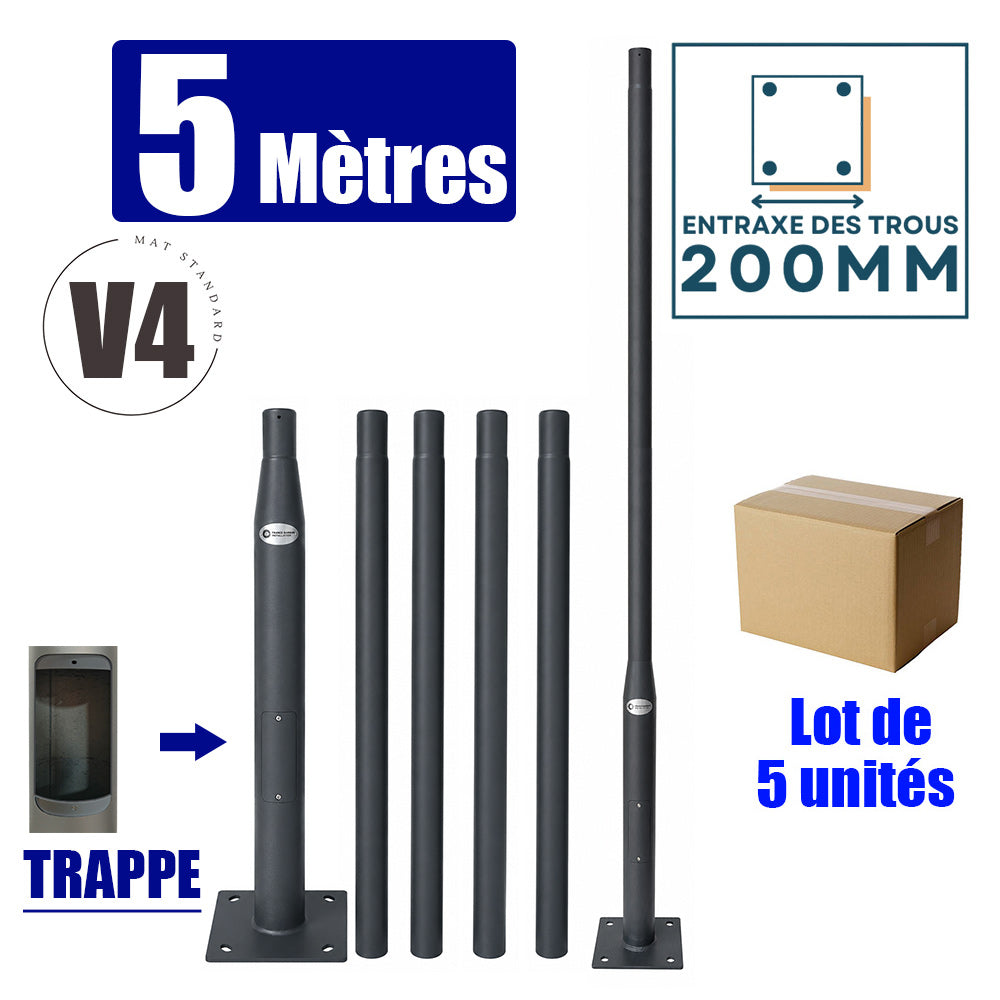 Lot de 5x Mâts / Poteaux pour lampe de rue - Nouveau design - Série STANDARD V4 EVO avec TRAPPE - Vis antivol - 5 mètres - Entraxe latéral des trous 200mm -  Couleur Gris foncé - Finition épurée
