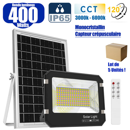 Lot de 5x Projecteurs LED solaire  Série AJUST V3 - CCT (Couleur Changeante en Température ) - Rendu lumineux 400 Watts - 2800 Lumens - 120° - IP65 - Lampe 36 x 30 x 5 cm - Panneau MONOCRISTALLIN 39 x 30 x 2 cm - Télécommande - Capteur crépusculaire
