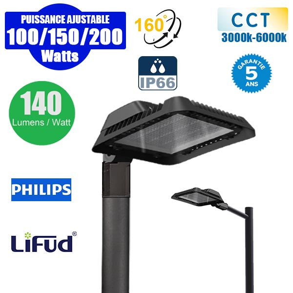 Lampadaire LED filaire - Série ALIZE P3 - Puissance ajustable 100W / 150W / 200W - 140 Lumens/Watt - Angle 160° - IP66 - 26,3 x 26,3 x 16 cm - Modèle 9 en 1 – CCT 3000K / 4000K / 6000K - Adaptateur d'angle rotatif – Garantie 5 ans