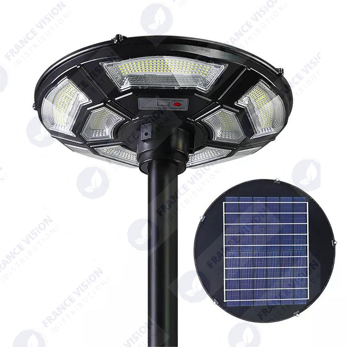 Lampe solaire pour extérieur - Série OVNI BASIC V2 - Rendu lumineux 150W - Angle 360° - IP65 - 55 x 15 cm - Tube d'insertion 60 / 76mm - Avec télécommande - Avec détecteur de mouvement - Avec capteur crépusculaire - 6000k