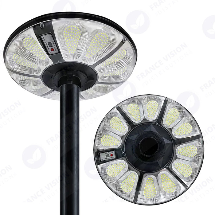 Lot de 5x Lampes solaires pour extérieur - Série OVNI CRYSTAL - 250 Watts - 1500 Lumens - Angle 360° - IP65 -  Lampe 55 x 55 x 6 cm - Tube d'insertion 60/76 mm - Panneau polycristallin 36 x 42 cm - Détecteur de mouvement - Télécommande - 3000k