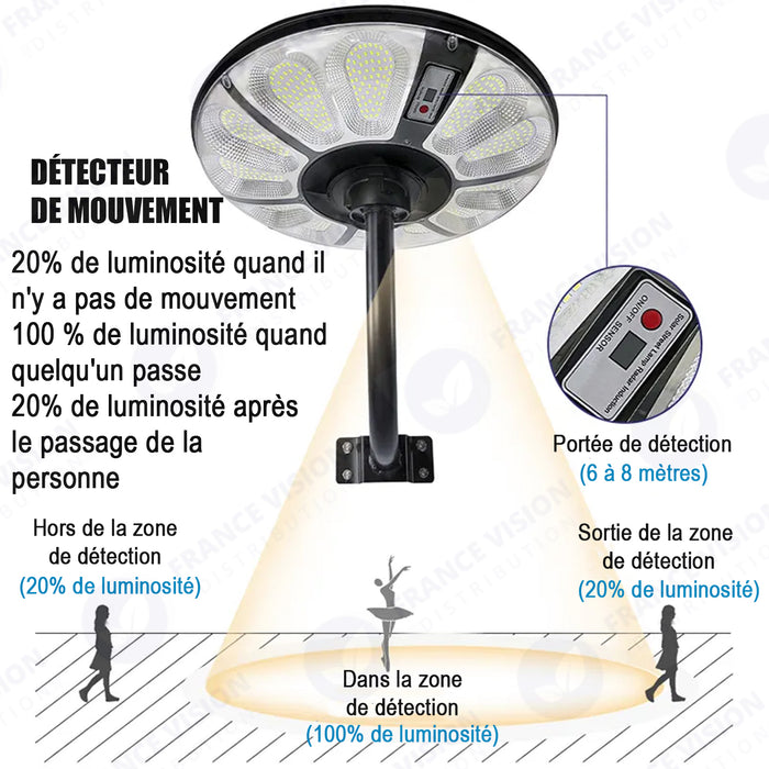 Lampe solaire pour extérieur - Série OVNI CRYSTAL - 250 Watts - 1500 Lumens - Angle 360° - IP65 -  Lampe 55 x 55 x 6 cm - Tube d'insertion 60/76 mm - Panneau polycristallin 36 x 42 cm - Détecteur de mouvement - Capteur crépusculaire - Télécommande - 6000k