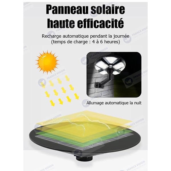 Lampe solaire pour extérieur - Série OVNI CRYSTAL V2 -  300 Watts - 1900 Lumens - Angle 360° - IP65 - Lampe 55 x 55 cm - Panneau polycristallin 42 x 35 cm - Tube d'insertion 60/76 mm - Détecteur de mouvement - Capteur crépusculaire - Télécommande - 6000k