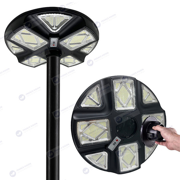 Lampe solaire pour extérieur - Série OVNI CRYSTAL V2 -  300 Watts - 1900 Lumens - Angle 360° - IP65 - Lampe 55 x 55 cm - Panneau polycristallin 42 x 35 cm - Tube d'insertion 60/76 mm - Détecteur de mouvement - Capteur crépusculaire - Télécommande - 6000k