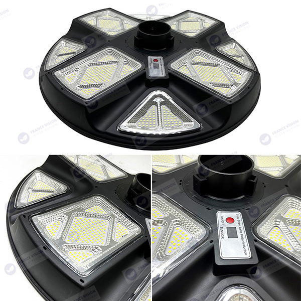 Lampe solaire pour extérieur - Série OVNI CRYSTAL V2 -  300 Watts - 1900 Lumens - Angle 360° - IP65 - Lampe 55 x 55 cm - Panneau polycristallin 42 x 35 cm - Tube d'insertion 60/76 mm - Détecteur de mouvement - Capteur crépusculaire - Télécommande - 6000k