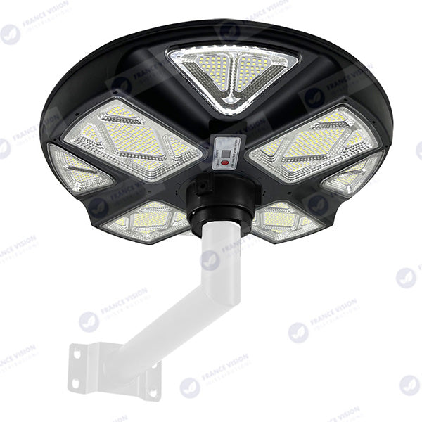 Lampe solaire pour extérieur - Série OVNI CRYSTAL V2 -  300 Watts - 1900 Lumens - Angle 360° - IP65 - Lampe 55 x 55 cm - Panneau polycristallin 42 x 35 cm - Tube d'insertion 60/76 mm - Détecteur de mouvement - Capteur crépusculaire - Télécommande - 6000k