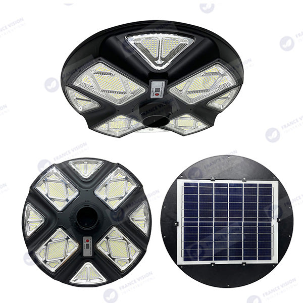 Lampe solaire pour extérieur - Série OVNI CRYSTAL V2 -  300 Watts - 1900 Lumens - Angle 360° - IP65 - Lampe 55 x 55 cm - Panneau polycristallin 42 x 35 cm - Tube d'insertion 60/76 mm - Détecteur de mouvement - Capteur crépusculaire - Télécommande - 6000k
