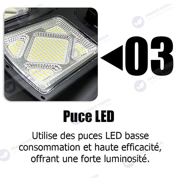 Lampe solaire pour extérieur - Série OVNI CRYSTAL V2 -  300 Watts - 1900 Lumens - Angle 360° - IP65 - Lampe 55 x 55 cm - Panneau polycristallin 42 x 35 cm - Tube d'insertion 60/76 mm - Détecteur de mouvement - Capteur crépusculaire - Télécommande - 6000k
