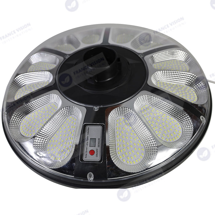 Lot de 5x Lampes solaires pour extérieur - Série OVNI CRYSTAL - 250 Watts - 1500 Lumens - Angle 360° - IP65 -  Lampe 55 x 55 x 6 cm - Tube d'insertion 60/76 mm - Panneau polycristallin 36 x 42 cm - Détecteur de mouvement - Télécommande - 3000k