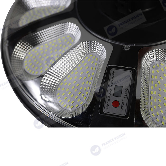 Lot de 5x Lampes solaires pour extérieur - Série OVNI CRYSTAL - 250 Watts - 1500 Lumens - Angle 360° - IP65 -  Lampe 55 x 55 x 6 cm - Tube d'insertion 60/76 mm - Panneau polycristallin 36 x 42 cm - Détecteur de mouvement - Télécommande - 3000k