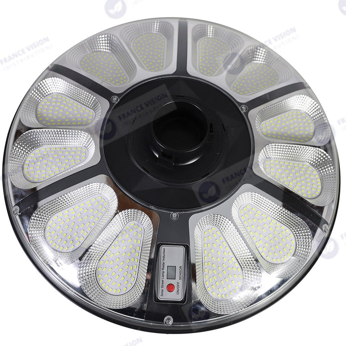 Lot de 5x Lampes solaires pour extérieur - Série OVNI CRYSTAL - 250 Watts - 1500 Lumens - Angle 360° - IP65 -  Lampe 55 x 55 x 6 cm - Tube d'insertion 60/76 mm - Panneau polycristallin 36 x 42 cm - Détecteur de mouvement - Télécommande - 3000k