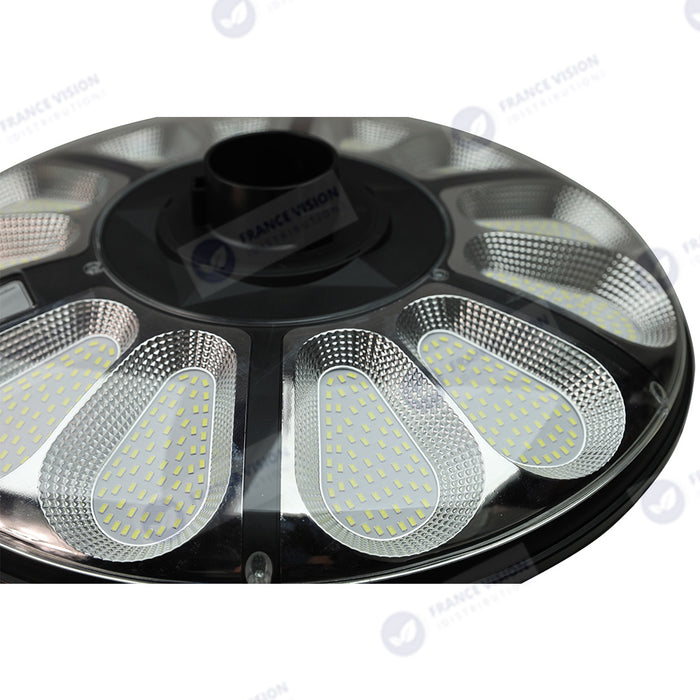 Lot de 5x Lampes solaires pour extérieur - Série OVNI CRYSTAL - 250 Watts - 1500 Lumens - Angle 360° - IP65 -  Lampe 55 x 55 x 6 cm - Tube d'insertion 60/76 mm - Panneau polycristallin 36 x 42 cm - Détecteur de mouvement - Télécommande - 3000k