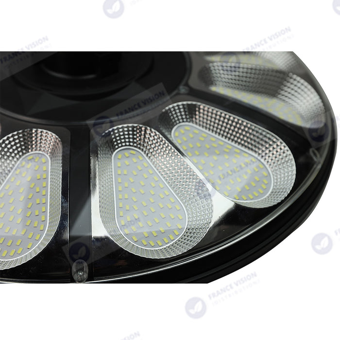 Lot de 5x Lampes solaires pour extérieur - Série OVNI CRYSTAL - 250 Watts - 1500 Lumens - Angle 360° - IP65 -  Lampe 55 x 55 x 6 cm - Tube d'insertion 60/76 mm - Panneau polycristallin 36 x 42 cm - Détecteur de mouvement - Télécommande - 3000k