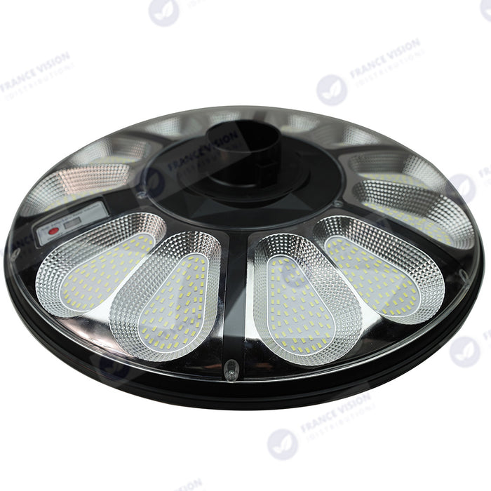 Lot de 5x Lampes solaires pour extérieur - Série OVNI CRYSTAL - 250 Watts - 1500 Lumens - Angle 360° - IP65 -  Lampe 55 x 55 x 6 cm - Tube d'insertion 60/76 mm - Panneau polycristallin 36 x 42 cm - Détecteur de mouvement - Télécommande - 3000k