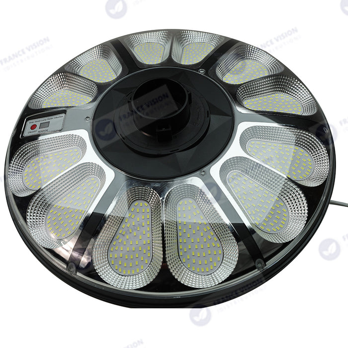 Lot de 5x Lampes solaires pour extérieur - Série OVNI CRYSTAL - 250 Watts - 1500 Lumens - Angle 360° - IP65 -  Lampe 55 x 55 x 6 cm - Tube d'insertion 60/76 mm - Panneau polycristallin 36 x 42 cm - Détecteur de mouvement - Télécommande - 3000k
