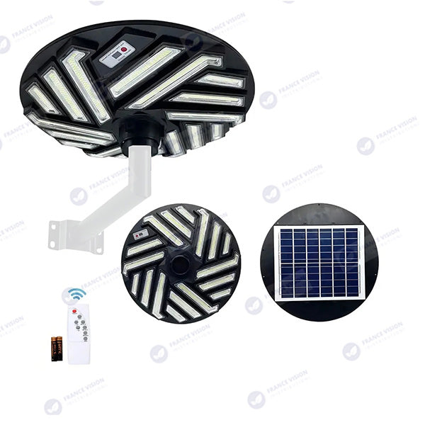 Lot de 2x Lampes solaires pour extérieur - Série OVNI EMERAUDE - 400 Watts - 2300 Lumens - Angle 360° - IP65 - Lampe 61 x 61 cm - Panneau polycristallin 48 x 35 cm - Tube d'insertion 60/76 mm - Détecteur de mouvement - Télécommande - 6000k