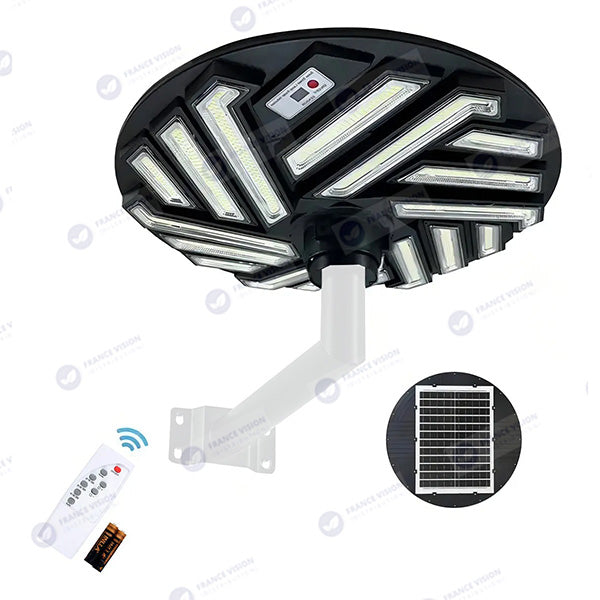 Lot de 2x Lampes solaires pour extérieur - Série OVNI EMERAUDE - 400 Watts - 2300 Lumens - Angle 360° - IP65 - Lampe 61 x 61 cm - Panneau polycristallin 48 x 35 cm - Tube d'insertion 60/76 mm - Détecteur de mouvement - Télécommande - 6000k