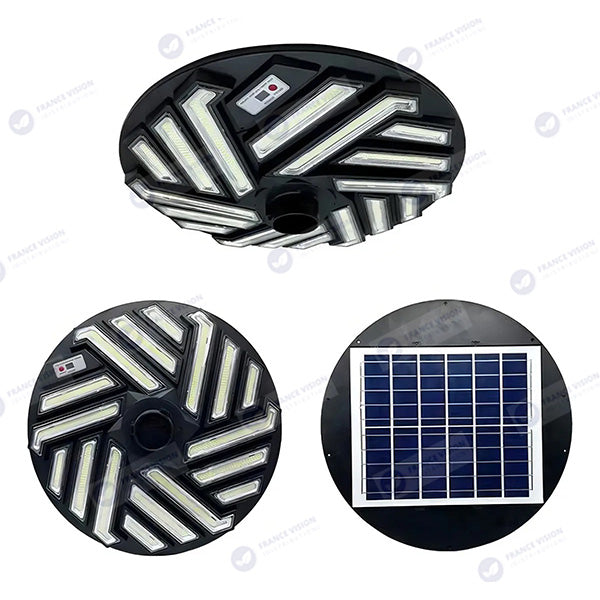 Lot de 2x Lampes solaires pour extérieur - Série OVNI EMERAUDE - 400 Watts - 2300 Lumens - Angle 360° - IP65 - Lampe 61 x 61 cm - Panneau polycristallin 48 x 35 cm - Tube d'insertion 60/76 mm - Détecteur de mouvement - Télécommande - 6000k
