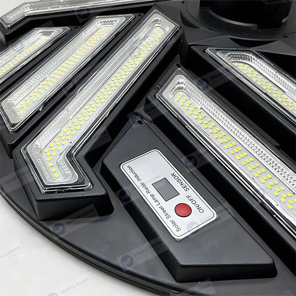 Lot de 2x Lampes solaires pour extérieur - Série OVNI EMERAUDE - 400 Watts - 2300 Lumens - Angle 360° - IP65 - Lampe 61 x 61 cm - Panneau polycristallin 48 x 35 cm - Tube d'insertion 60/76 mm - Détecteur de mouvement - Télécommande - 6000k