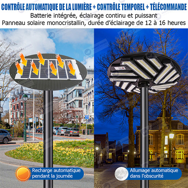 Lot de 2x Lampes solaires pour extérieur - Série OVNI EMERAUDE - 400 Watts - 2300 Lumens - Angle 360° - IP65 - Lampe 61 x 61 cm - Panneau polycristallin 48 x 35 cm - Tube d'insertion 60/76 mm - Détecteur de mouvement - Télécommande - 6000k