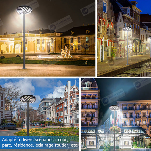 Lot de 2x Lampes solaires pour extérieur - Série OVNI EMERAUDE - 400 Watts - 2300 Lumens - Angle 360° - IP65 - Lampe 61 x 61 cm - Panneau polycristallin 48 x 35 cm - Tube d'insertion 60/76 mm - Détecteur de mouvement - Télécommande - 6000k