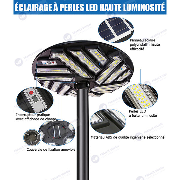 Lot de 2x Lampes solaires pour extérieur - Série OVNI EMERAUDE - 400 Watts - 2300 Lumens - Angle 360° - IP65 - Lampe 61 x 61 cm - Panneau polycristallin 48 x 35 cm - Tube d'insertion 60/76 mm - Détecteur de mouvement - Télécommande - 6000k