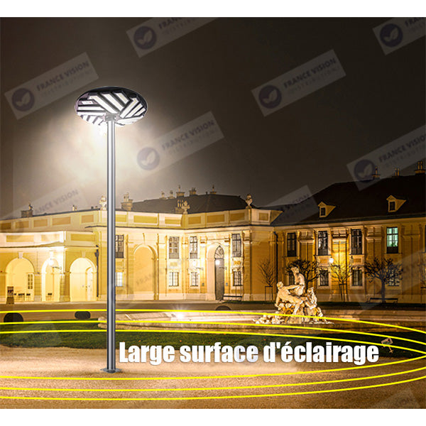 Lot de 2x Lampes solaires pour extérieur - Série OVNI EMERAUDE - 400 Watts - 2300 Lumens - Angle 360° - IP65 - Lampe 61 x 61 cm - Panneau polycristallin 48 x 35 cm - Tube d'insertion 60/76 mm - Détecteur de mouvement - Télécommande - 6000k