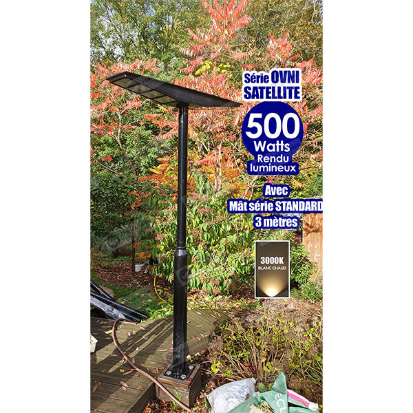 Lampadaire solaire pour extérieur - Série OVNI SATELLITE - 500 Watts - Angle 240° - IP65 - 117 x 24 x 12 cm - Diamètre tube d’insertion 76/60mm - 3 Modes - Télécommande - Détecteur de mouvement - Capteur crépusculaire - 3000k