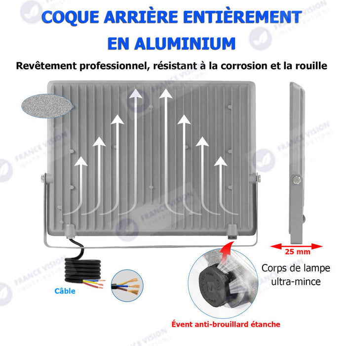 Lot de 20x Projecteurs LED filaires - Série PERLE V2 - 50 Watts - 6000 Lumens - 120 Lumens/Watt - Angle 90° - IP65 - 6000K - 228 x 180 x 25 mm