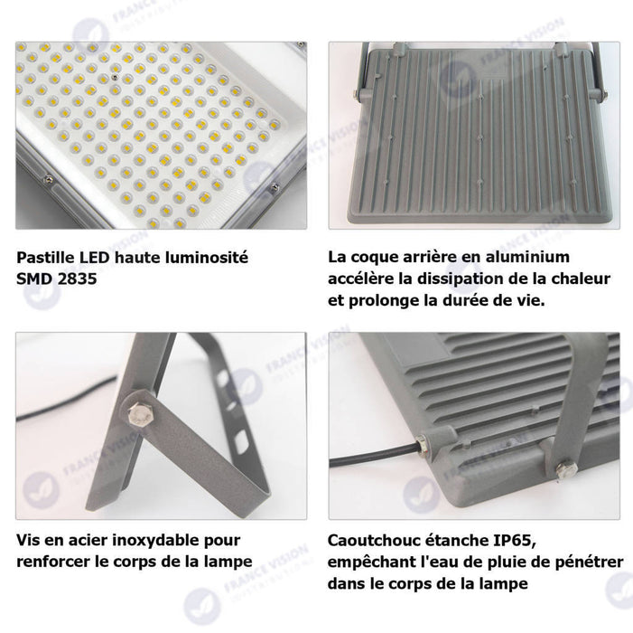 Lot de 20x Projecteurs LED filaires - Série PERLE V2 - 100 Watts - 12 000 Lumens - 120 Lumens/Watt - Angle 90° - IP65 - 6000K - 290 x 230 x 25 mm