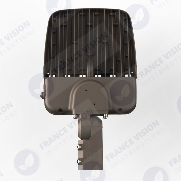 Lampe de rue filaire - Série ULTIME P2 - CCT - Puissance ajustable 100 / 150 / 200 Watts - 180 Lumens/Watt - 53 x 30 x 6,5 cm - IP66 - Angle 150 x 90° - Tube d'insertion 60mm - Couleur Bronze foncé - Dimmable – Angle rotatif - Garantie 5 ans
