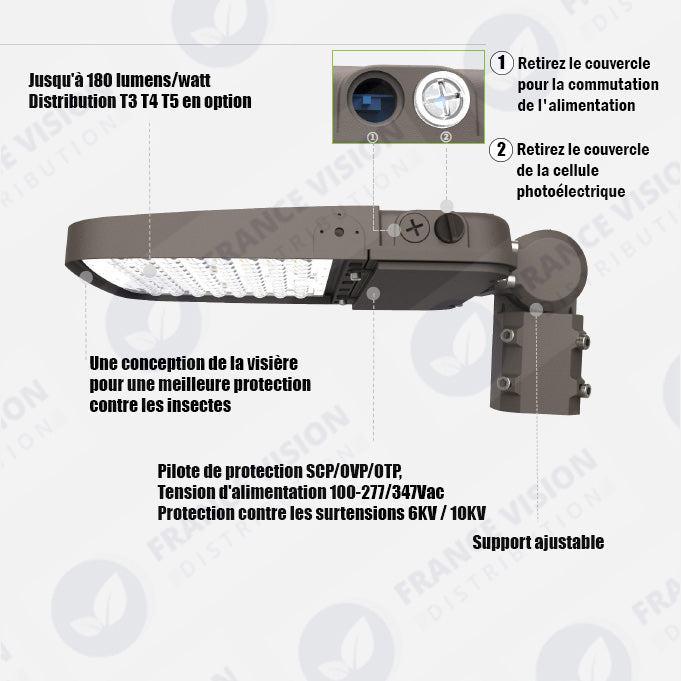 Lampe de rue filaire - Série ULTIME P2 - CCT - Puissance ajustable 100 / 150 / 200 Watts - 180 Lumens/Watt - 53 x 30 x 6,5 cm - IP66 - Angle 150 x 90° - Tube d'insertion 60mm - Couleur Bronze foncé - Dimmable – Angle rotatif - Garantie 5 ans