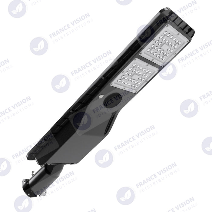 Lampe de rue solaire - Série POWER EVO V2 - 800 Watts - 2200 Lumens - IP65 - Angle 130x75° - 75 x 20 x 9 cm - Panneau MONOCRISTALLIN - Structure en ALUMINIUM - Mode détection sans veille (0-100% - 1 minute) - Télécommande - 3000K