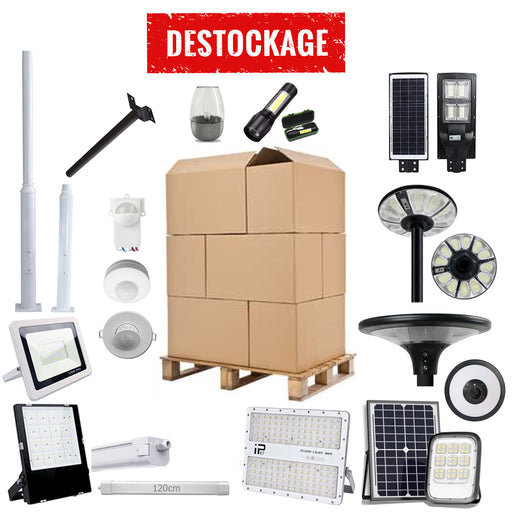 LOT UNIQUE DE DESTOCKAGE - Palette d'éclairage Solaire & Filaire - Projecteurs / Lampadaires / Réglettes / Mâts / Accessoires