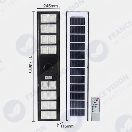 Lampadaire solaire pour extérieur - Série OVNI SATELLITE - 500 Watts - Angle 240° - IP65 - 117 x 24 x 12 cm - Diamètre tube d’insertion 76/60mm - 3 Modes - Télécommande - Détecteur de mouvement - Capteur crépusculaire - 3000k