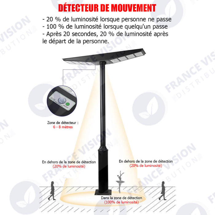 Lampadaire solaire pour extérieur - Série OVNI SATELLITE - 500 Watts - Angle 240° - IP65 - 117 x 24 x 12 cm - Diamètre tube d’insertion 76/60mm - 3 Modes - Télécommande - Détecteur de mouvement - Capteur crépusculaire - 3000k