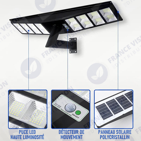 Lampadaire solaire pour extérieur - Série OVNI SATELLITE - 500 Watts - Angle 240° - IP65 - 117 x 24 x 12 cm - Diamètre tube d’insertion 76/60mm - 3 Modes - Télécommande - Détecteur de mouvement - Capteur crépusculaire - 3000k