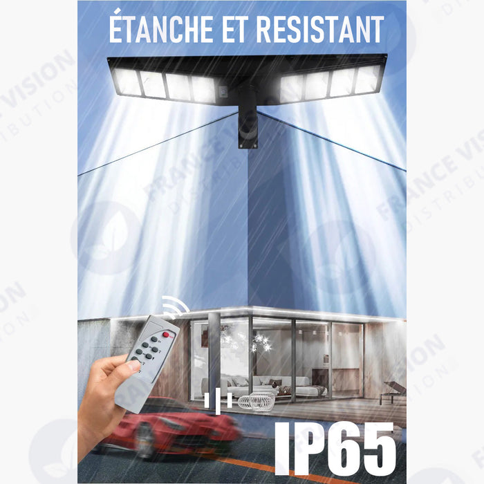 Lampadaire solaire pour extérieur - Série OVNI SATELLITE - 500 Watts - Angle 240° - IP65 - 117 x 24 x 12 cm - Diamètre tube d’insertion 76/60mm - 3 Modes - Télécommande - Détecteur de mouvement - Capteur crépusculaire - 3000k