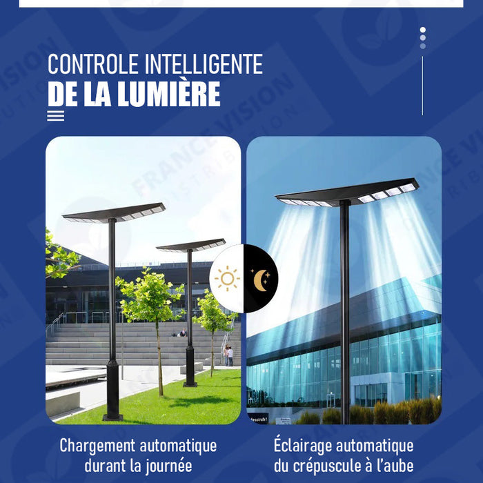 Lampadaire solaire pour extérieur - Série OVNI SATELLITE - 500 Watts - Angle 240° - IP65 - 117 x 24 x 12 cm - Diamètre tube d’insertion 76/60mm - 3 Modes - Télécommande - Détecteur de mouvement - Capteur crépusculaire - 3000k