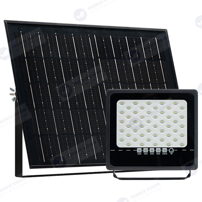 Lot de 2x Projecteurs LED solaires - Série SECURITY ULTRA - 300 Watts - 1500 Lumens - Angle 120° - IP65 - Lampe 24 x 23 x 5 cm - Panneau solaire MONOCRISTALLIN 38 x 24 x 2 cm - Télécommande - 6500k - Mode de détection sans veille (0-100% - 1 minute)