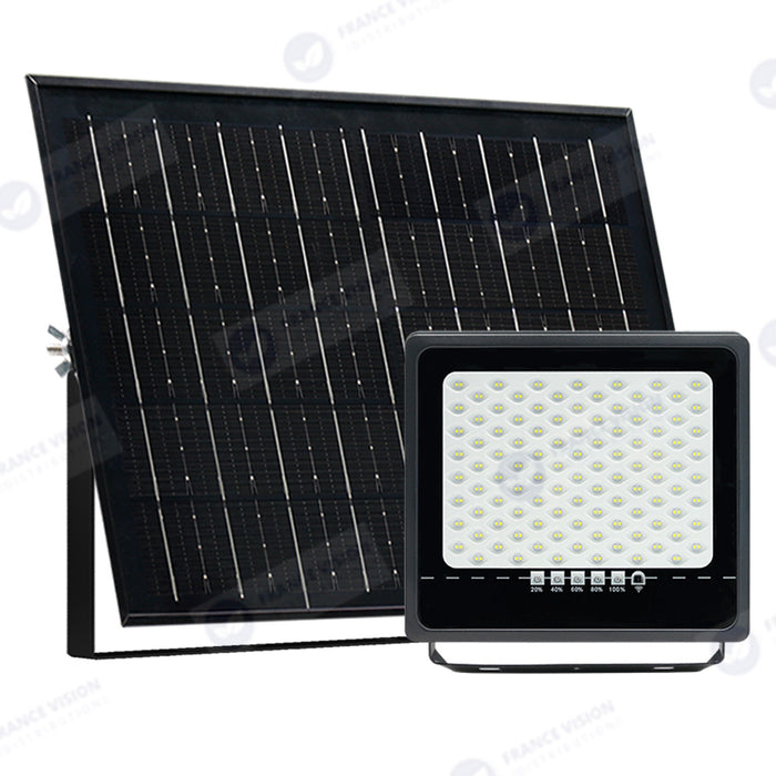 Lot de 2x Projecteurs LED solaires - Série SECURITY ULTRA - 400 Watts - 2000 Lumens - Angle 120° - IP65 - Lampe 28 x 25 x 5 cm - Panneau solaire MONOCRISTALLIN 42 x 33 x 3 cm - Télécommande - 6500k - Mode de détection sans veille (0-100% - 1 minute)