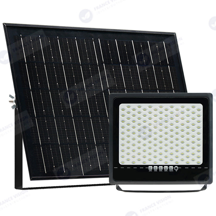 Projecteur LED solaire - Série SECURITY ULTRA - 500 Watts - 3000 Lumens - Angle 120° - IP65 - Lampe 32 x 32 x 5 cm - Panneau solaire MONOCRISTALLIN 42 x 38 x 3 cm - Télécommande - 6500k - Mode de détection sans veille (0-100% - 1 minute)
