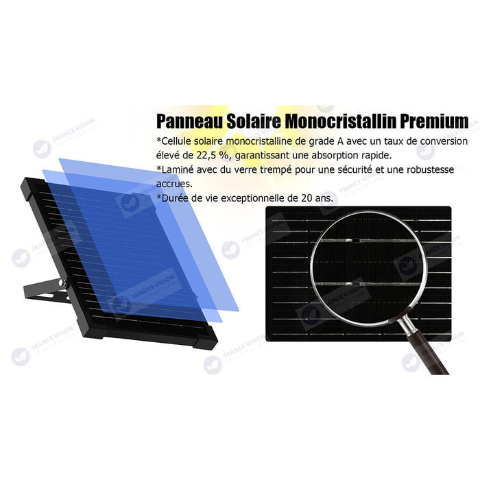 Projecteur LED solaire - Série SECURITY V3 - 300 Watts - 4800 Lumens - Angle 100*85° - IP65 - Lampe 24 x 20 x 4 cm - Panneau solaire MONOCRISTALLIN 37 x 26 x 2 cm - Avec détecteur de mouvement - Télécommande - 3000k/4000k/6000k