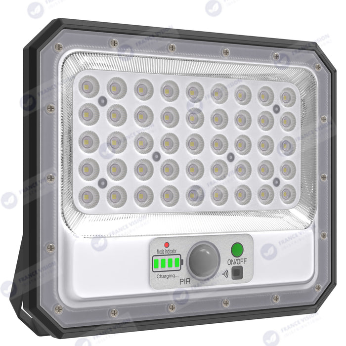 Projecteur LED solaire - Série SECURITY V2 - 250 Watts - 1500 Lumens - Angle 90° - IP65 - Lampe 26 x 21 x 4 cm - Panneau solaire MONOCRISTALLIN 30 x 21 x 2 cm - Avec détecteur de mouvement - Avec télécommande - Support ajustable - 6000k