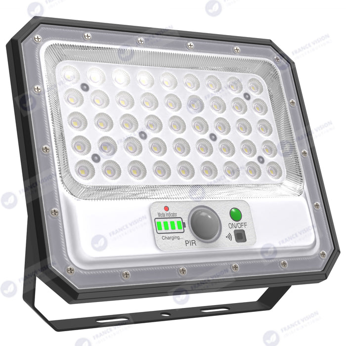 Projecteur LED solaire - Série SECURITY V2 - 250 Watts - 1500 Lumens - Angle 90° - IP65 - Lampe 26 x 21 x 4 cm - Panneau solaire MONOCRISTALLIN 30 x 21 x 2 cm - Avec détecteur de mouvement - Avec télécommande - Support ajustable - 6000k