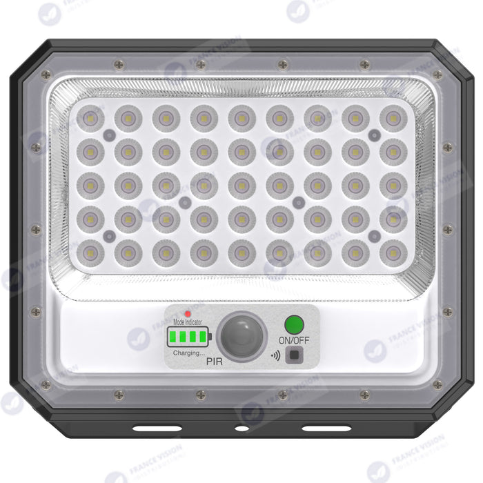 Projecteur LED solaire - Série SECURITY V2 - 250 Watts - 1500 Lumens - Angle 90° - IP65 - Lampe 26 x 21 x 4 cm - Panneau solaire MONOCRISTALLIN 30 x 21 x 2 cm - Avec détecteur de mouvement - Avec télécommande - Support ajustable - 6000k
