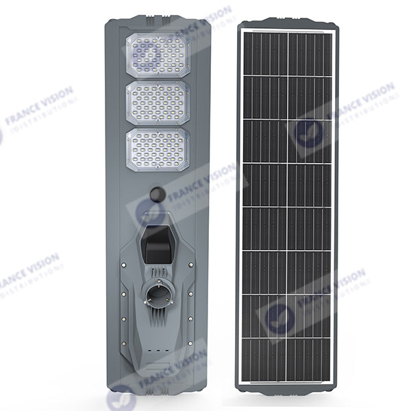 Lot de 4x Lampes de rue solaires - Série STARSHIP ULTRA 8500 - Rendu lumineux 2000 Watts - 8500 Lumens - Couleur 3000k - Angle 150x70° - IP65 - Structure aluminium - Dimensions 134 x 36 x 16 cm - Tube d'insertion 76mm - Contrôle intelligent - Capteur PIR